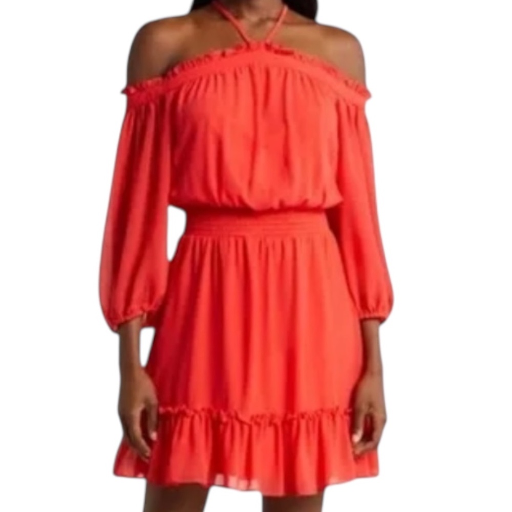 Halogen Poppy Red Long Sleeve Halter Mini Dress M Smocked Waist